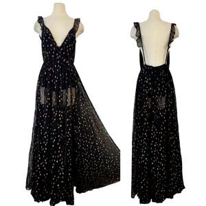 Michael Costello x Revolve Natalie Maxi Dress in Black Rainbow Dots M NWT